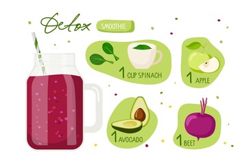 Detox Smoothie recipe. Mason jar with purple liquid and smoothie ingredients. Food and drinks vector isolated For menu, banner for healthy eating. Fresh detox drink. Organic raw shake, healthy food