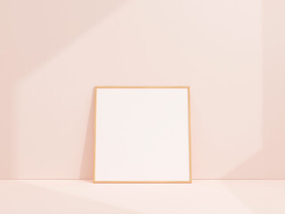Clean and minimalist front view square wooden photo or poster frame mockup leaning against white wall. 3d rendering.