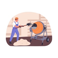 Worker mixing cement, sand in concrete mixer machine for building, construction. Builders work. Constructor working with professional equipment. Flat vector illustration isolated on white background