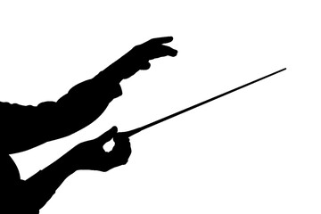Silhouette of music conductor hands with stick on white background