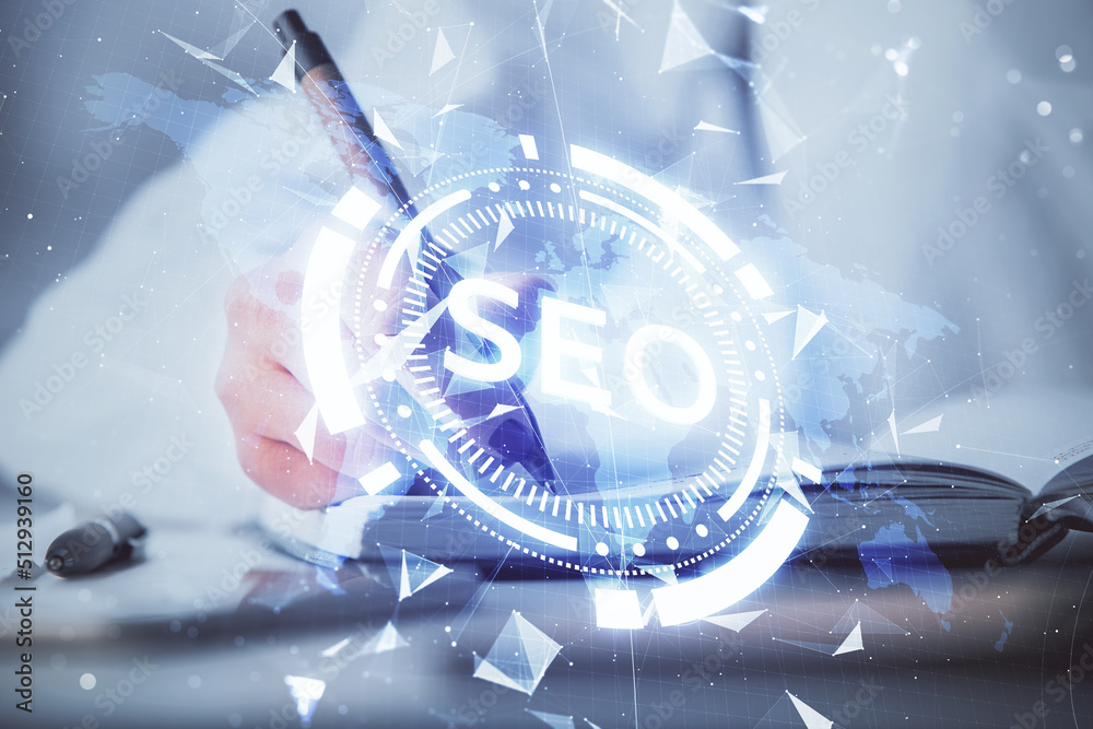 Poster double exposure of woman's hands making notes with seo icon. concept of search engine optimization