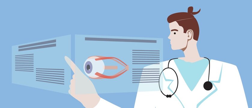 Doctor and hologram with eyes and optic nerve, flat vector stock illustration as concept of scientific experiment and modern digital technology in medicine
