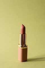 Nude matte lipstick with a cap on a pastel green background. Female accessory for lip makeup. Professional cosmetic product for makeup artists in the composition. Backdrop