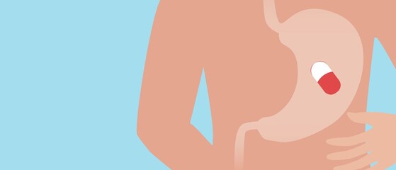 Pill in stomach, copy space template, anatomical vector stock illustration with persona and pill treatment