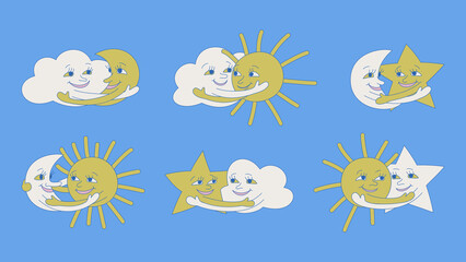 Set of isolated weather icons. Cute collection of embracing illustrations. Vector design elements of sun moon cloud and star hugs