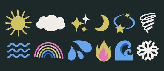 Set of isolated weather icons. Cute collection of weather illustrations. Vector design elements of sun rain cloud etc.