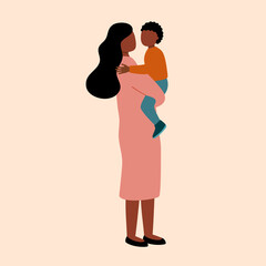 African mother carrying her son in flat design. Mom child concept vector illustration.