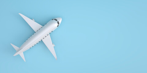Fototapeta na wymiar Airplane on a blue background. Illustration about travel and tourism by plane. 3d rendering.