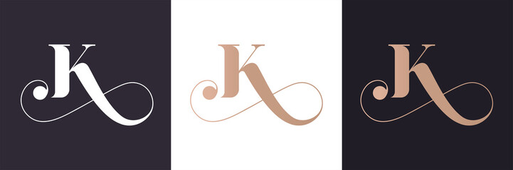 K letter monogram. Elegant luxury K logo. Calligraphic style. Vector design. Luxurious linear creative monogram.
