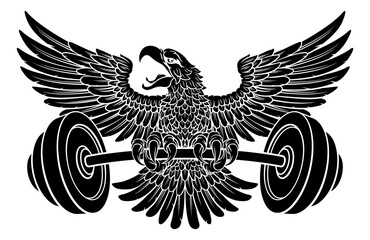 Bald Eagle Hawk Weight Lifting Mascot And Barbell - obrazy, fototapety, plakaty