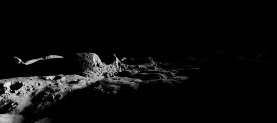 Moon surface scene 3D rendering. Dark background moonscape.