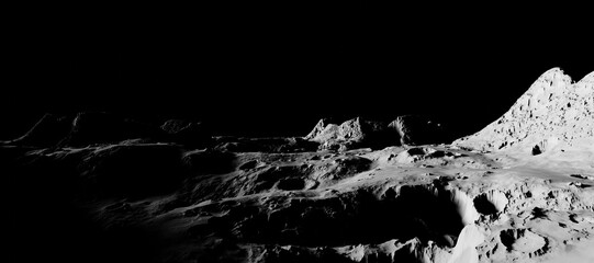 Moon surface scene 3D rendering. Dark background moonscape.
