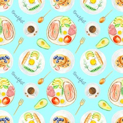 Fototapeta premium Seamless pattern with watercolor breakfasts on a blue background