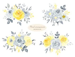 Fototapeta na wymiar Watercolor set of yellow and gray roses flower arrangements, perfect for greeting cards