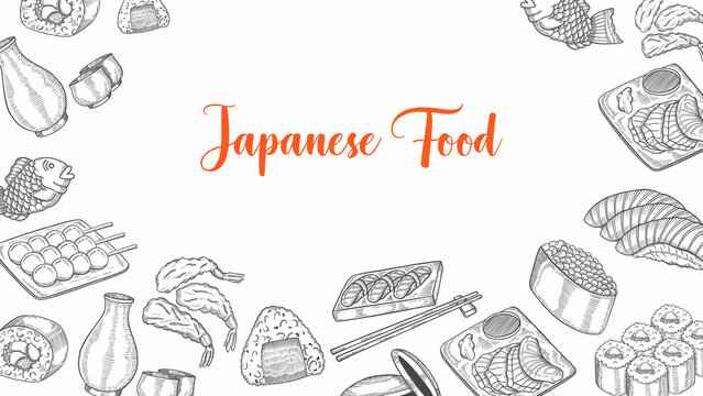 Japan food set collection with hand drawn sketch for background banner template poster
