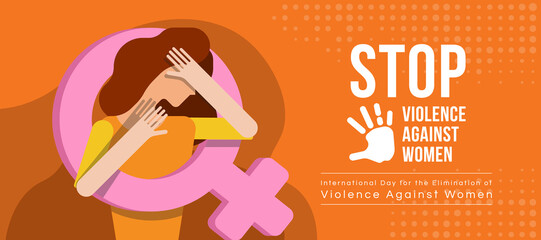 International Day for the Elimination of Violence Against Women - The woman raised her hand to defend herself and female sign around on orange background vector design - obrazy, fototapety, plakaty