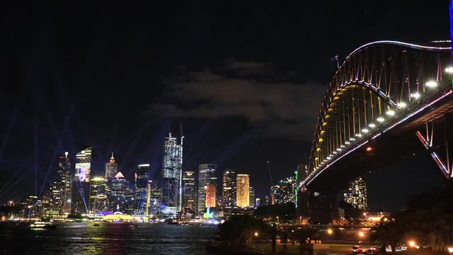 Top of Sydney Harbour bridge steel arch at Vivid Sydney light show as 4k.
