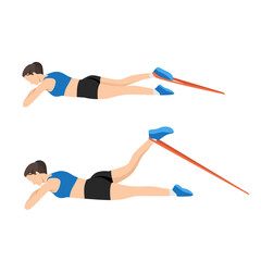 Woman doing Leg curl prone with long resistance band exercise. flat vector illustration isolated on white background