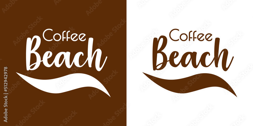 Poster banner con texto manuscrito coffee beach. logo beach bar. vector con silueta de olas. fondo marrón y