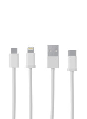 White USB data cables type A, and type C plugs, micro USB and lightning, universal computer and phone connection on white background. isolated usb cord. Electric connect Charger usb cables. 3D render - obrazy, fototapety, plakaty