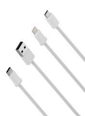 White USB data cables type A, and type C plugs, micro USB and lightning, universal computer and phone connection on white background. isolated usb cord. Electric connect Charger usb cables. 3D render