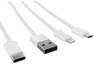 White USB data cables type A, and type C plugs, micro USB and lightning, universal computer and phone connection on white background. isolated usb cord. Electric connect Charger usb cables. 3D render