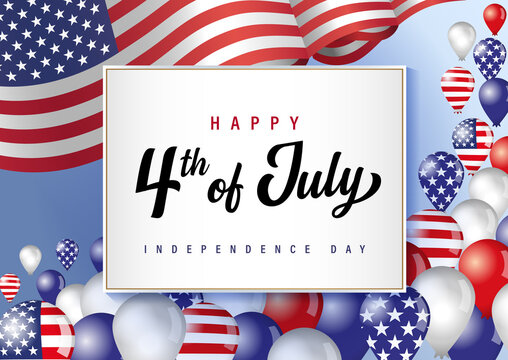 Happy 4th of July, holiday USA Independence Day. Fourth of July greeting card, decoration with balloons and US flag. Vector illustration with 3D elements for poster background