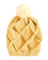 Orange warm winter knitted cap hat with a pom-pom isolated white
