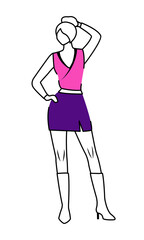 Female fashion model wearing high boots and skirt semi flat color vector character. Standing figure. Full body person on white. Simple cartoon style illustration for web graphic design and animation
