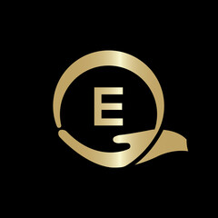 Hand Care Logo Template On Letter E. Creative letter E Logo Design Vector Template.