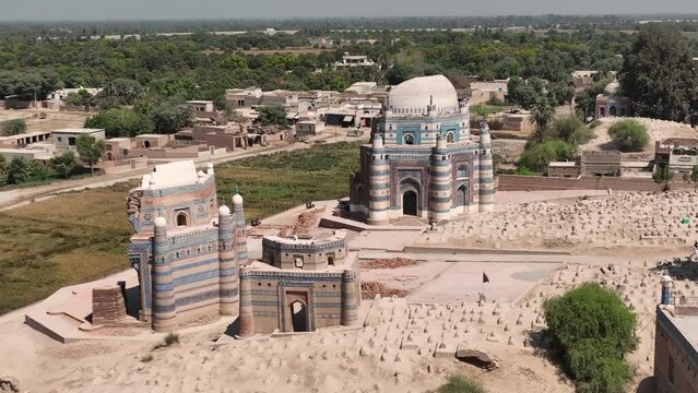 View of the interior and blue tile decor of medieval Baha'al-Halim tomb and shrine in Uch Sharif, Bahawalpur, Punjab, Pakistan