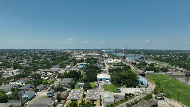Aerial view of Marigny near an abandoned military facility in New Orleans, Louisiana