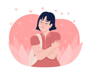 Tranquil woman embracing herself 2D vector isolated illustration. Positive flat character on cartoon background. Healthy self esteem colourful editable scene for mobile, website, presentation