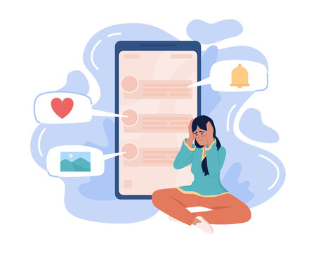 Woman Tired Of Annoying App Notifications 2D Vector Isolated Illustration. Sad Flat Character On Cartoon Background. Communication Colourful Editable Scene For Mobile, Website, Presentation