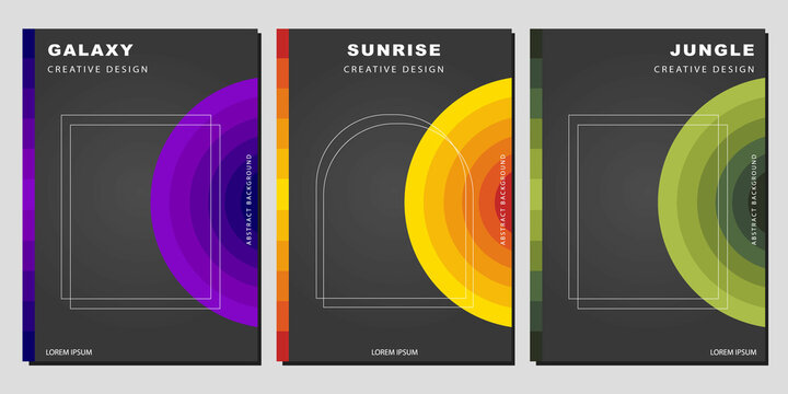 Modern Cover Template Design. Galaxy, Sunrise, Forest Color Concept. Set of trendy gradient semicircles for presentations, magazines, flyers, annual reports, posters and business cards.