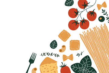 Pasta and tomatoes with garlic and basil. Textured illustration. Italian food horizontal background. Vector illustration - obrazy, fototapety, plakaty