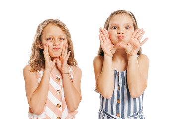 Portrait of two cheerful girls in retro style summer outfit isolated on white background. Concept of art, friendship, hope, youth, fashion