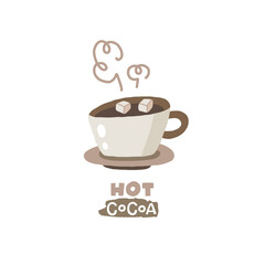 Hot cocoa. Christmas card. Hand drawn illustration in cartoon style. Cute concept for xmas. Illustration for the design postcard, textiles, apparel, decor