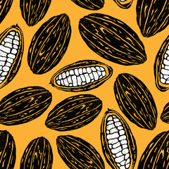 Cacao beans seamless pattern. Cocoa fruit vintage yellow background.