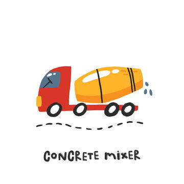 Concrete mixer. Hand drawn illustration in cartoon style. Transport toys. Cute concept for children's print. Illustration for the design postcard, textiles, apparel