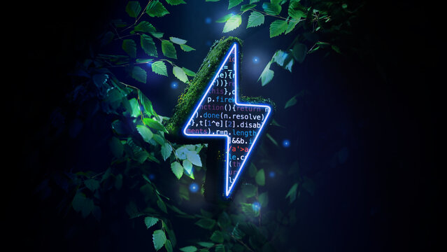 3d rendering of green coding concept, sustainable energy-efficient coding. Green coding in the software design representation.
