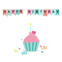 Pink birthday cupcake with a candle and mini sweet heart on top , colorful flags celebration  surprise party  decoration event anniversary vector. 
