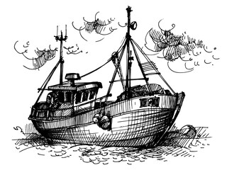 Boat Sketch, Nautical vector design. Line drawing of the boat. Marine illustration. Fishing boat at sea