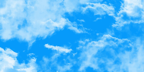 Blue skies with white clouds background. Romantic sky. Abstract nature background of romantic summer blue sky with fluffy clouds. Beautiful puffy clouds in bright blue sky in day sunlight.><