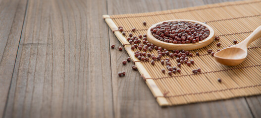 red bean seeds on a wooden table. Jaanese foods. azuki 