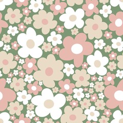Cute floral pattern with wonderful white and pink flowers. Seamless vector texture on green. Elegant template for fashion prints, textiles, wallpaper and packaging.