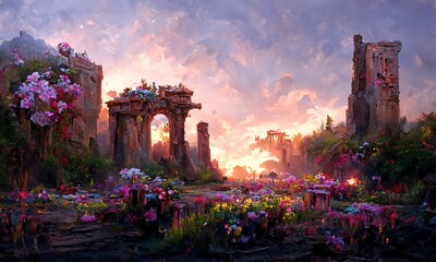 Fantastic ruins in another world, at evening - obrazy, fototapety, plakaty