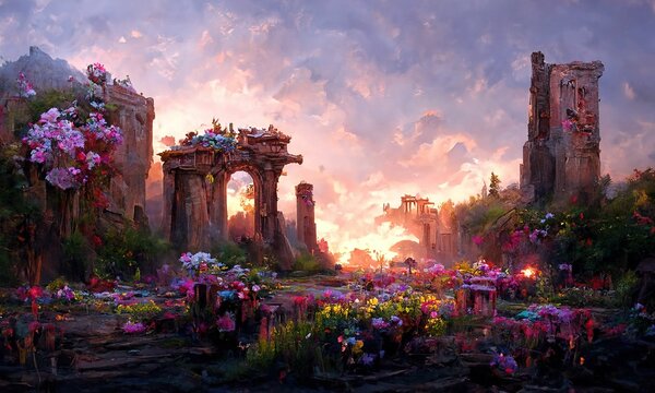 Fantastic ruins in another world, at evening