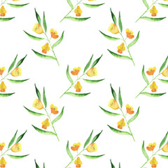Watercolor bright summer pattern yellow and blue abstract flowers. Simple floral pattern
