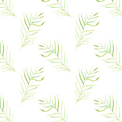 Obraz premium Simple and cute green watercolor leaves and branches seamless pattern. Spring branches and leaves isolated on white background. Real watercolor painting.